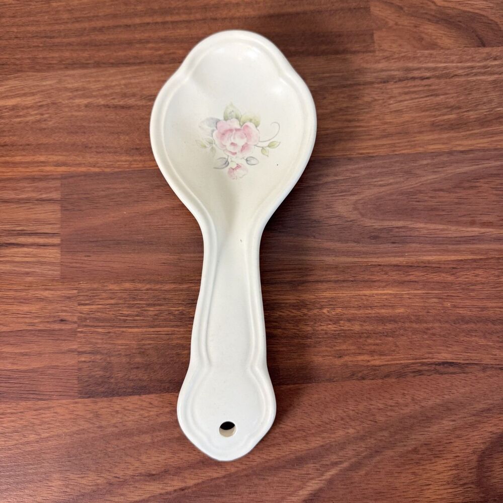 Vintage Pfaltzgraff TEA ROSE Spoon Rest Pink Floral Rose w/ Hang Hole